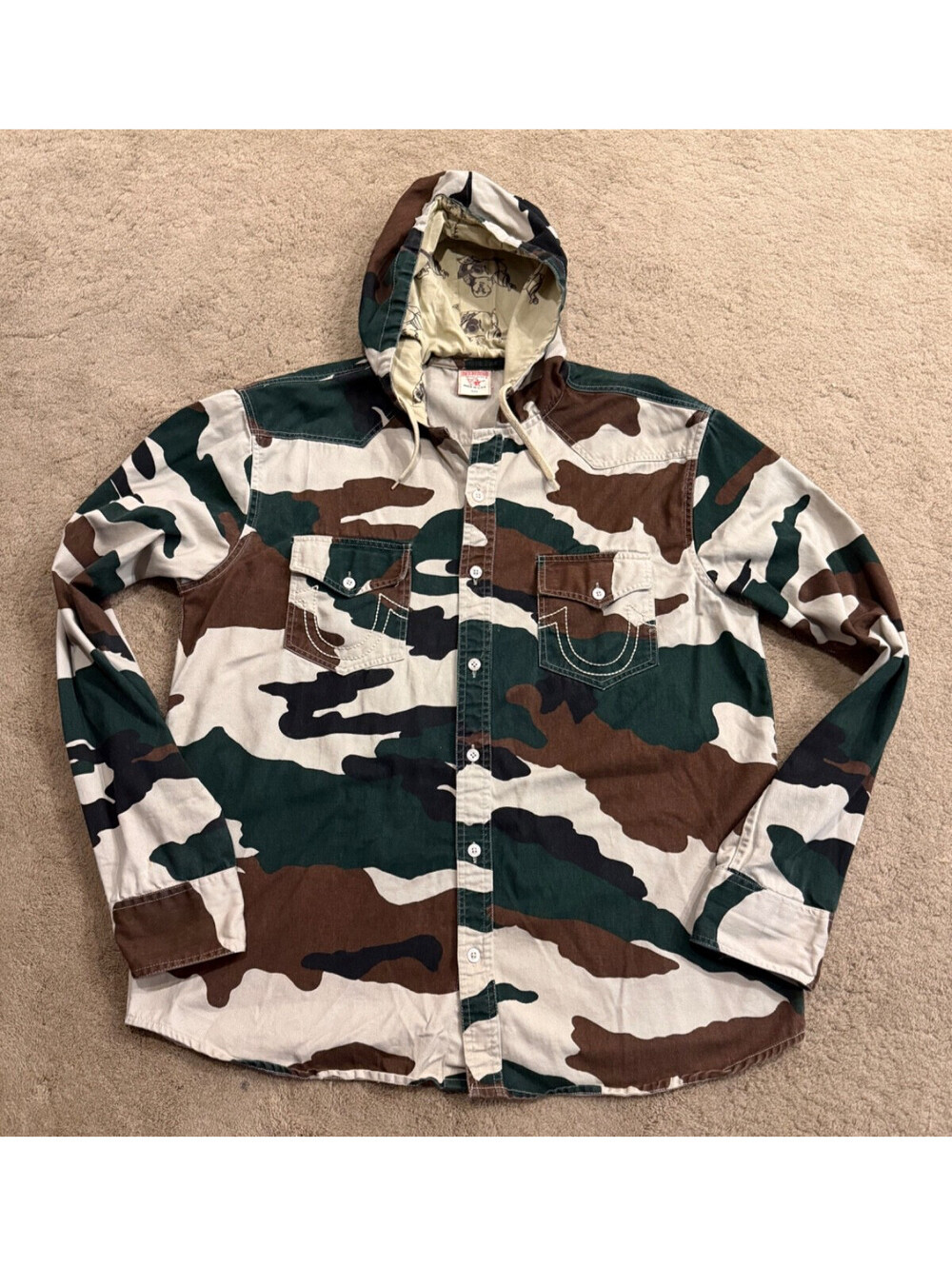 Vintage True Religion Mens Jacket Shirt 2XL Woodland Camo Embroidered Logo USA